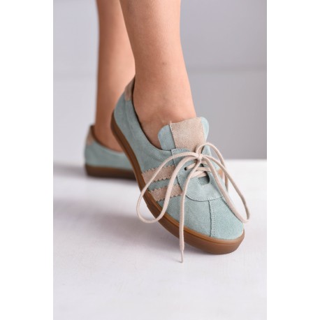 Miętowe baleriny skórzane